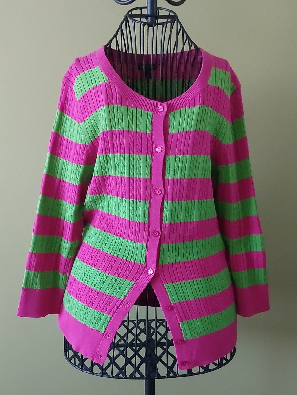 Talbots Pink & Green Striped Cable-Knit Cardigan, 100% COTTON